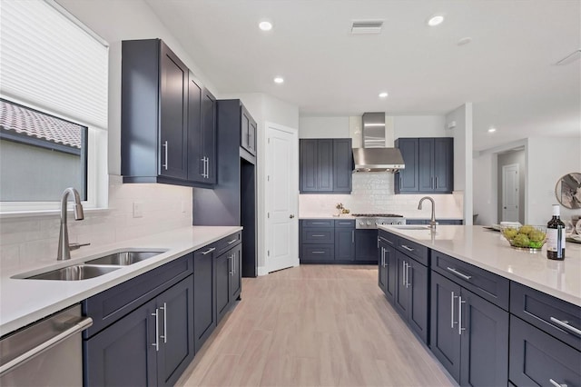 kitchen with backsplash, sink, wall chimney exhaust hood, and stainless steel appliances