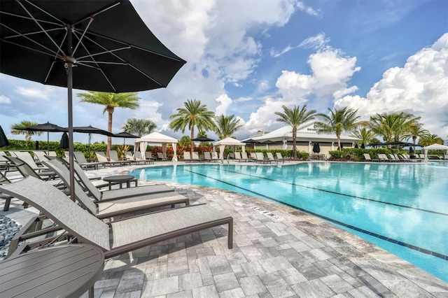 view of swimming pool with a gazebo and a patio area