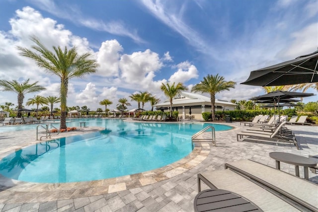 view of swimming pool with a patio