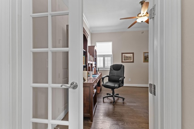 office area with dark hardwood / wood-style flooring, ceiling fan, and crown molding