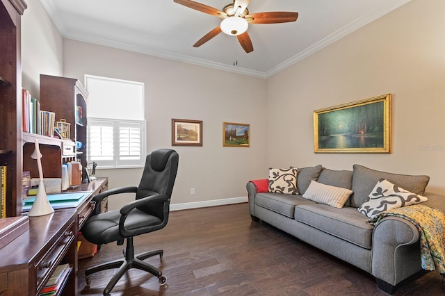 home office featuring ornamental molding, ceiling fan, and dark wood-type flooring