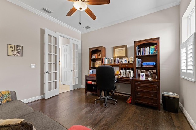 office featuring dark hardwood / wood-style flooring, ceiling fan, french doors, and ornamental molding