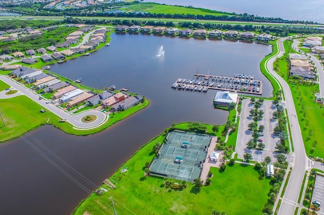 aerial view featuring a water view