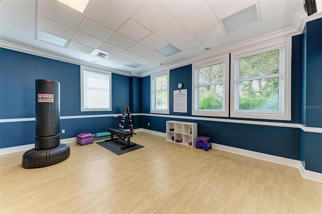 exercise area with plenty of natural light, wood-type flooring, and crown molding