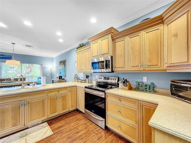 kitchen with sink, crown molding, light hardwood / wood-style flooring, appliances with stainless steel finishes, and hanging light fixtures