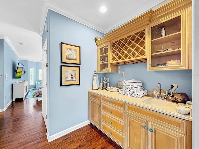 bar with crown molding, sink, light stone counters, and dark hardwood / wood-style flooring