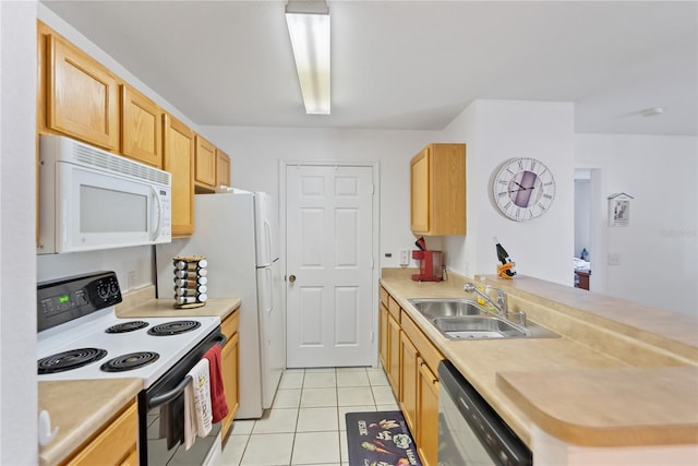 kitchen featuring light brown cabinets, sink, white appliances, and light tile floors