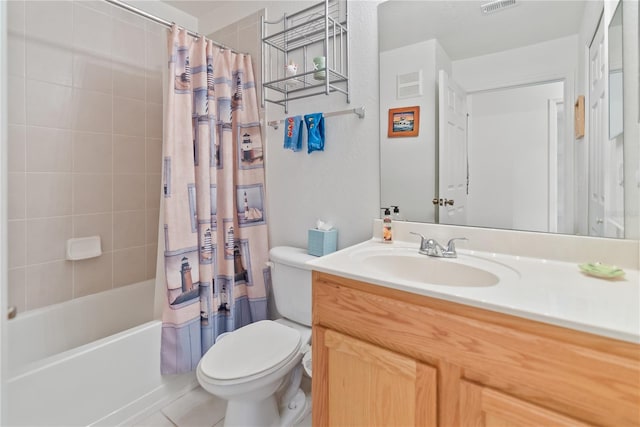 full bathroom featuring tile floors, toilet, shower / bath combo, and oversized vanity