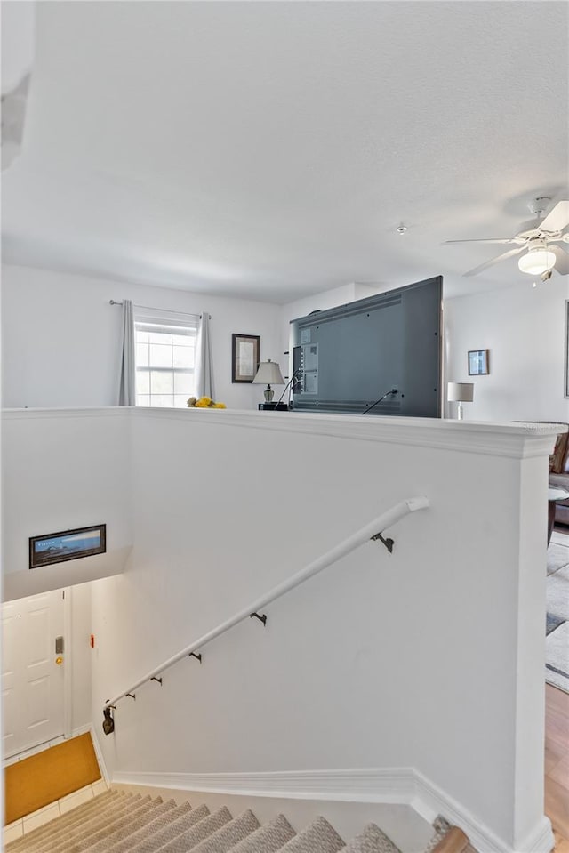 staircase featuring ceiling fan