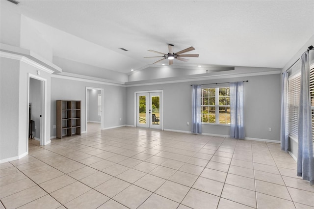 interior space featuring light tile patterned floors, french doors, ceiling fan, and lofted ceiling