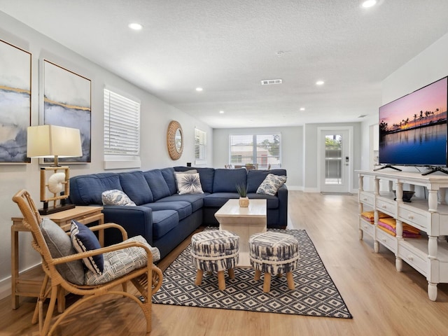 living room featuring a textured ceiling and light wood-type flooring