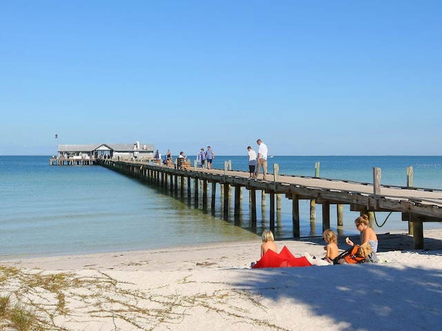 view of dock featuring a water view and a view of the beach