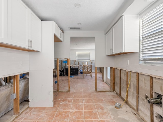 clothes washing area featuring light tile patterned floors, a healthy amount of sunlight, and a textured ceiling