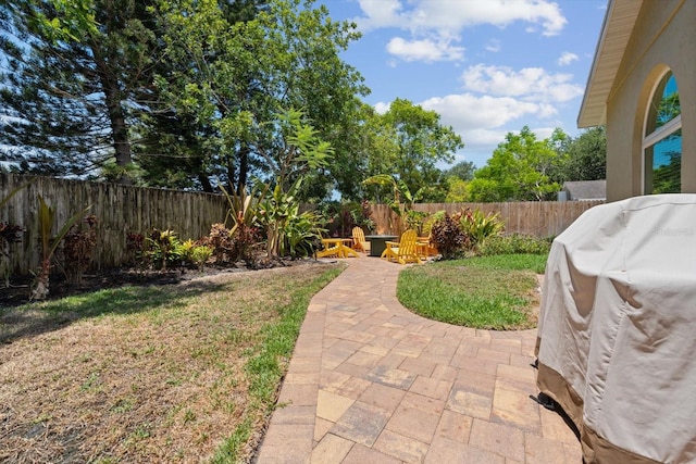 view of yard with a fenced backyard and a patio