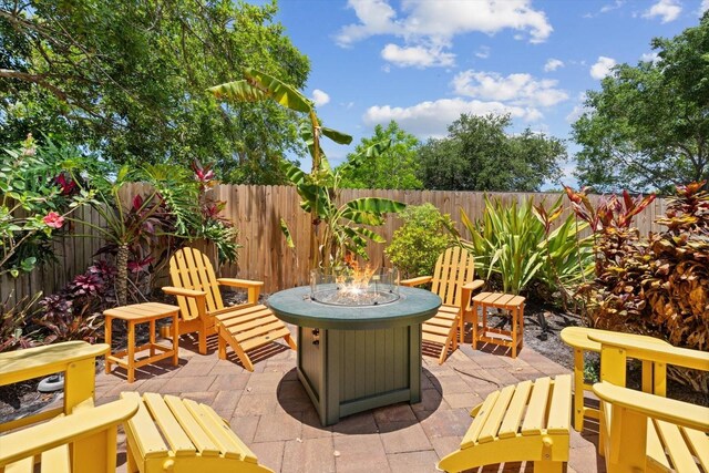 view of patio / terrace featuring an outdoor fire pit and a fenced backyard