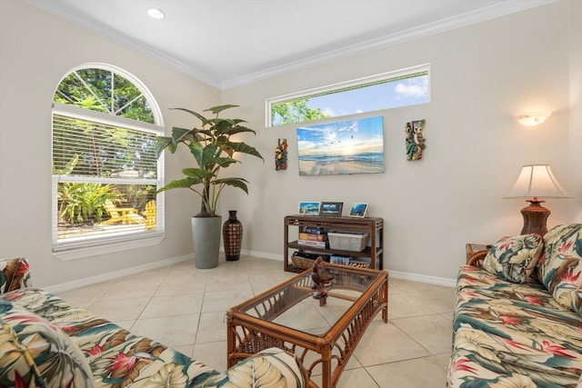 living area featuring ornamental molding, baseboards, and light tile patterned floors