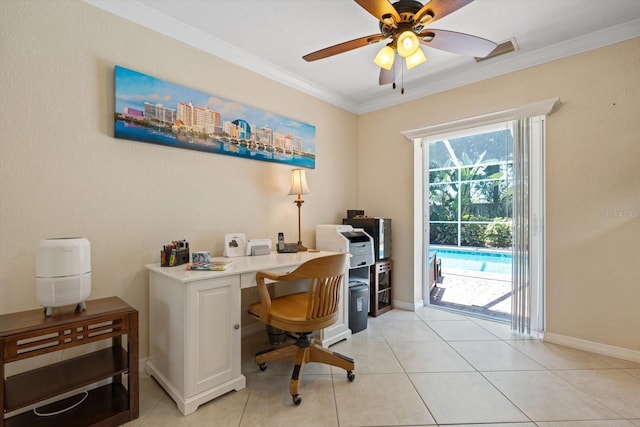 office area featuring baseboards, visible vents, a ceiling fan, and ornamental molding