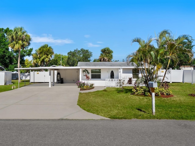 single story home featuring a carport and a front yard