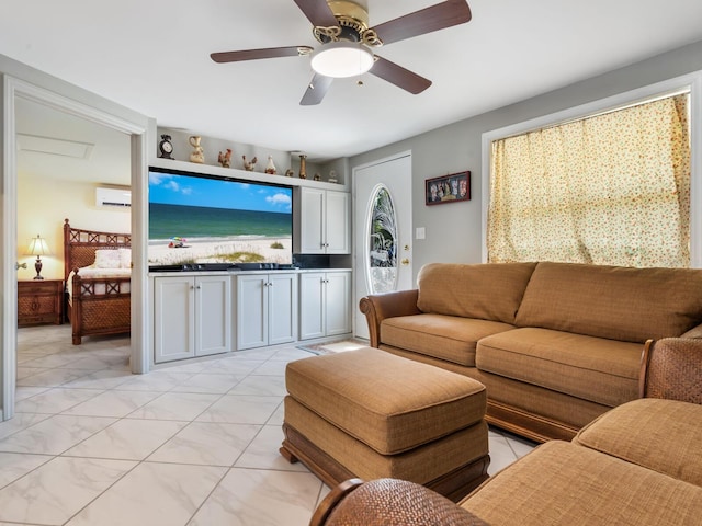 living room featuring a wall mounted air conditioner and ceiling fan