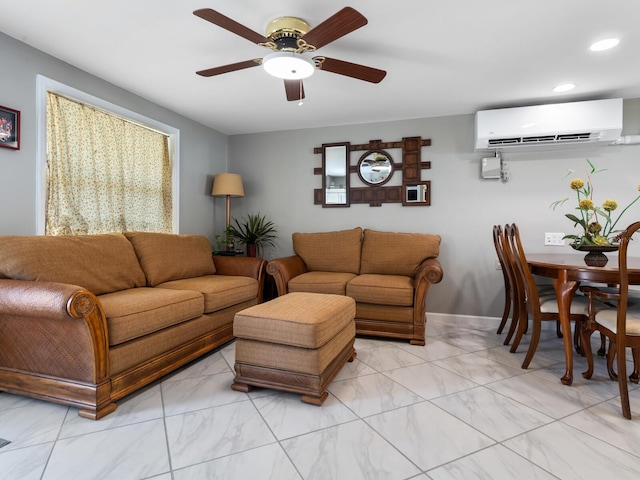 living room featuring an AC wall unit and ceiling fan