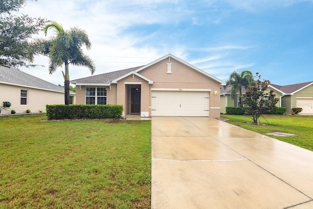 ranch-style house with a garage and a front lawn