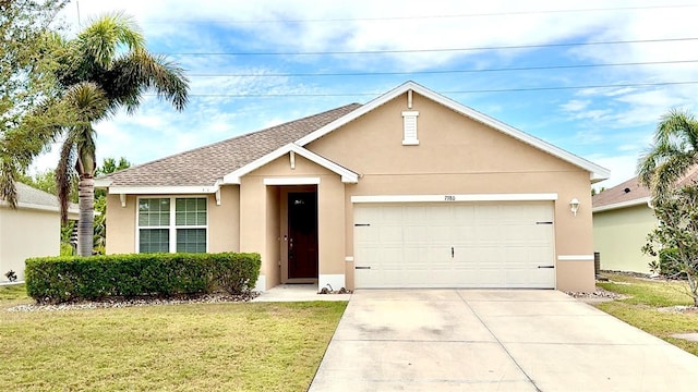 ranch-style house featuring driveway, a garage, a front yard, roof with shingles, and stucco siding