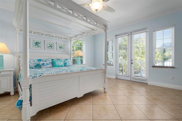 tiled bedroom featuring a ceiling fan, french doors, crown molding, baseboards, and access to exterior