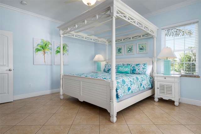 tiled bedroom with ceiling fan and crown molding