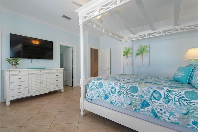 tiled bedroom with ceiling fan and crown molding