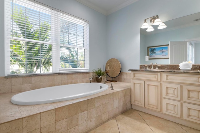 full bathroom with vanity, a garden tub, visible vents, ornamental molding, and tile patterned floors