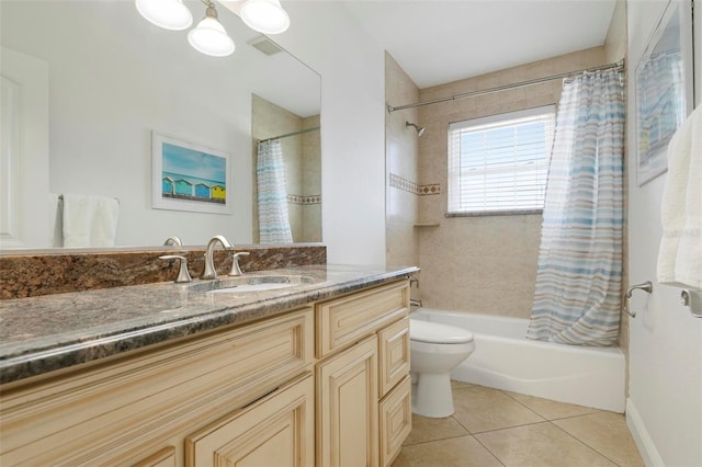 full bathroom featuring visible vents, toilet, shower / tub combo with curtain, tile patterned floors, and vanity