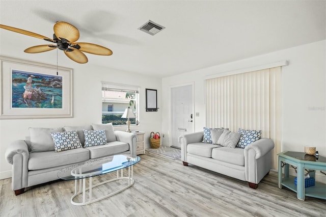 living room featuring ceiling fan and light hardwood / wood-style floors