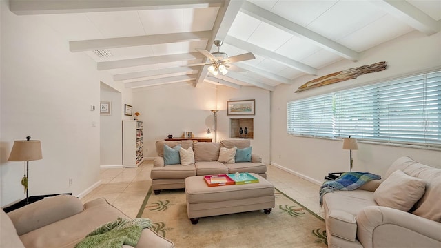 living room featuring lofted ceiling with beams, ceiling fan, and light tile patterned flooring