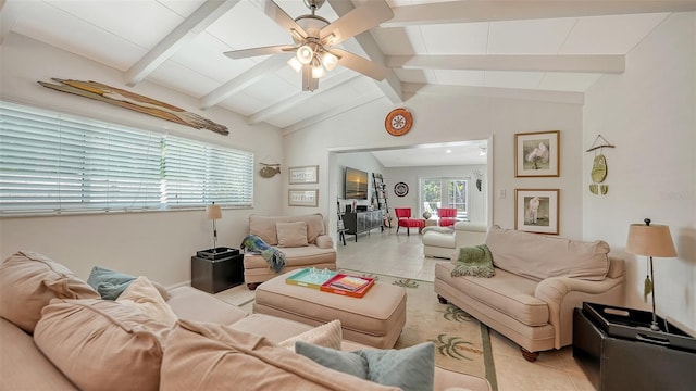 living room featuring vaulted ceiling with beams, ceiling fan, and light tile patterned flooring