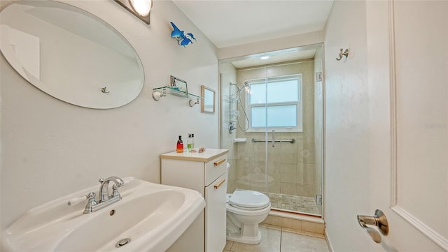 bathroom featuring tile patterned flooring, toilet, an enclosed shower, and sink