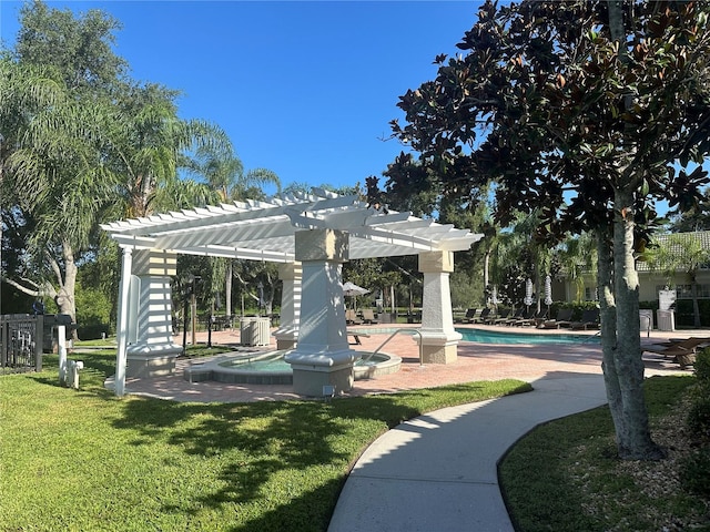 surrounding community featuring a pergola, a pool, and a yard