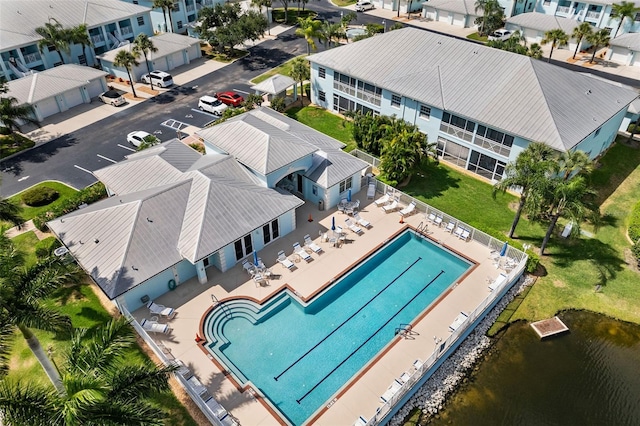 drone / aerial view featuring a water view