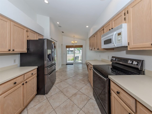 kitchen with black electric range oven, light brown cabinets, lofted ceiling, stainless steel refrigerator with ice dispenser, and a notable chandelier