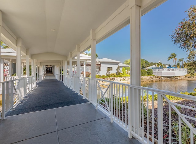 view of patio / terrace featuring a water view