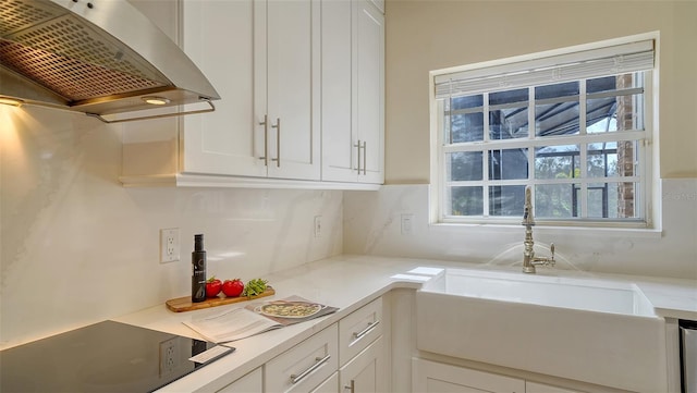 kitchen featuring sink, tasteful backsplash, white cabinets, and range hood