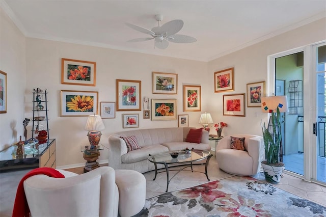 living room with ceiling fan, ornamental molding, and light tile patterned floors