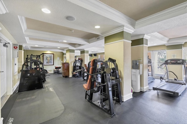 gym featuring crown molding, french doors, and a textured ceiling