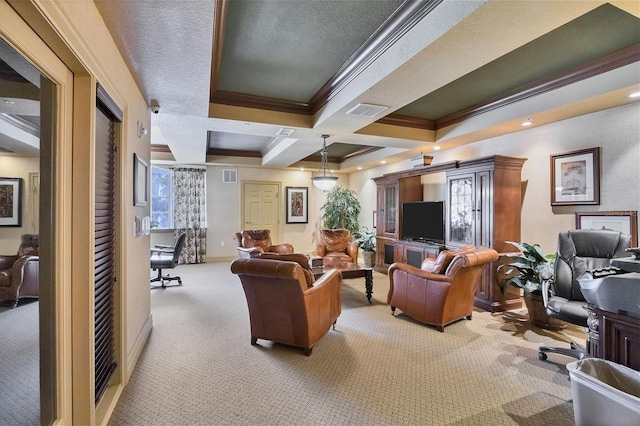 carpeted living room with beam ceiling, a textured ceiling, coffered ceiling, and ornamental molding