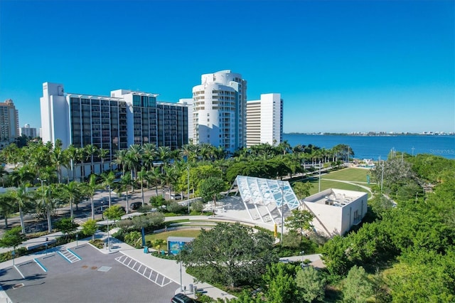 drone / aerial view with a water view