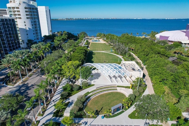 bird's eye view with a water view