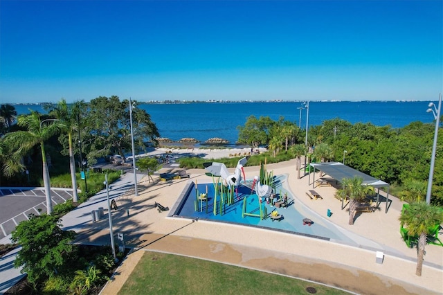 bird's eye view with a water view