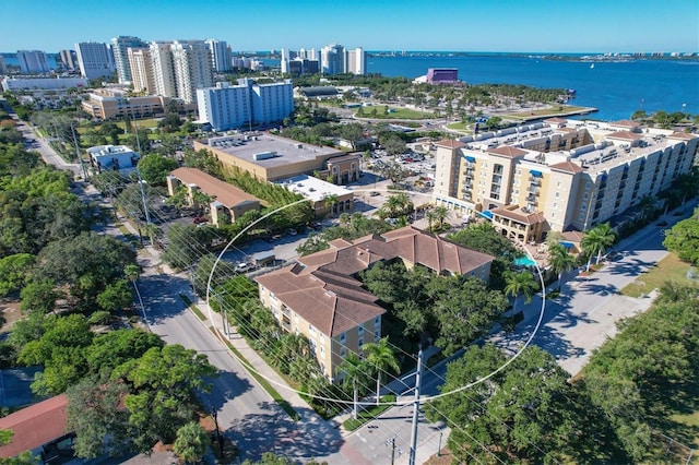 bird's eye view with a water view