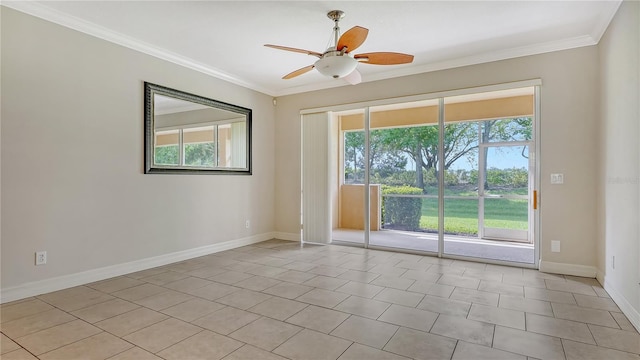 tiled empty room featuring ceiling fan and crown molding