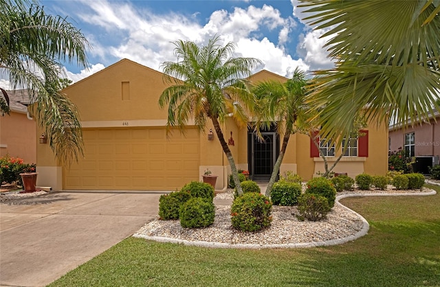 view of front of property with a garage, a front yard, and central air condition unit