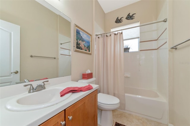 full bathroom with shower / bathtub combination with curtain, tile flooring, toilet, and vanity